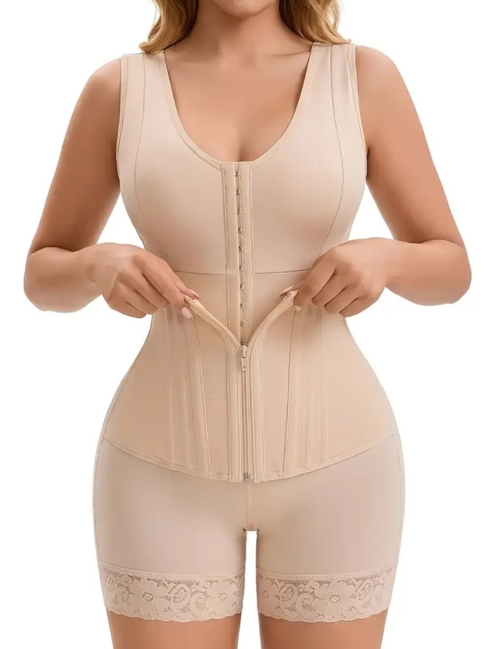 Women’s Nude Front-Zip Shapewear Bodysuit with Hook Closure